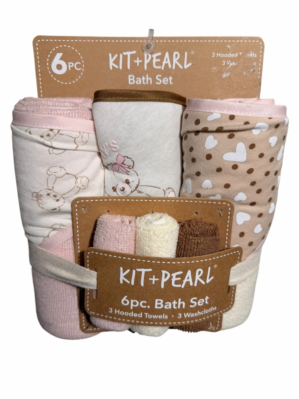 Kids 6pc Hooded Bath & Washcloth Set - Pink, Cream & Brown